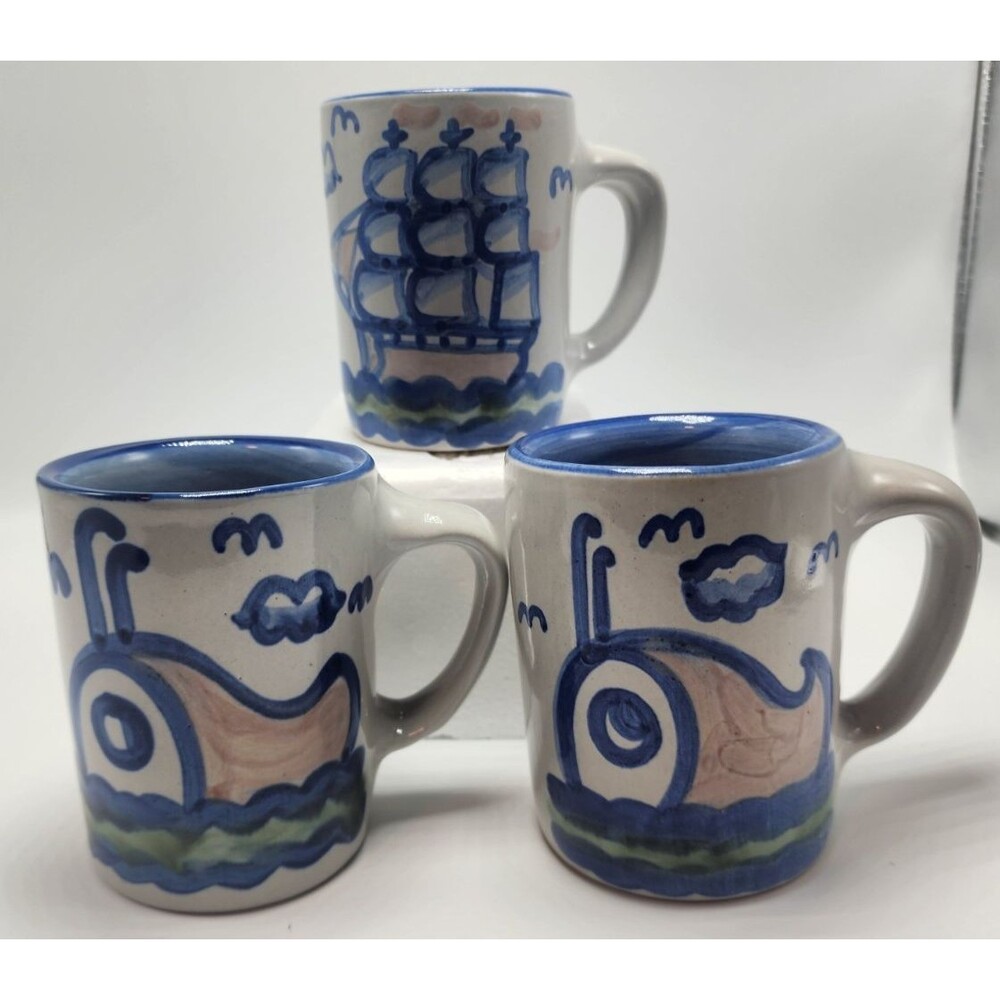 MA Hadley Low Tide Ship & Wale Mug Hand Painted Nautical Signed (set of 3) READ!